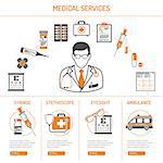 medicine, health care and medical services infographics with two color icons like Doctor, ambulance, prescription, eyesight, thermometer. isolated vector illustration