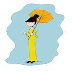 Vector colorful eps10 illustration of a japanese geisha, funny girl in maxi dress with orange umbrella