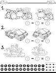 Black and White Cartoon Illustration of Educational Mathematical Activity Game for Children with Characters and Objects Coloring Page