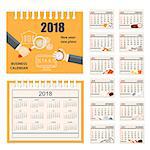 Business english calendar for desk on 2018 year. Set of the 12-month isolated pages with image on the cover. Week starts on Sunday. eps 10