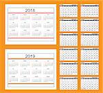 Business english calendar for wall on 2018 2019 year.  Week starts on Sunday. eps 10