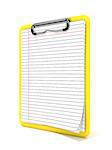 Yellow clipboard and blank lined paper. 3D render illustration isolated on white background