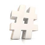 Hashtag, number mark 3D white sign isolated on white background