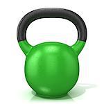 Green kettle bell weight, isolated on a white background. 3D render illustration.
