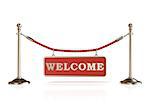 Velvet rope barrier, with WELCOME sign. 3D render isolated on white background