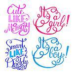 Set for Baby shower girl and boy. Hand drawn phrases for design shower invitations, posters and cards