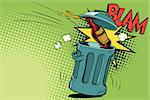 Stop alcohol, beer bottle flies into the garbage. Cartoon comic illustration pop art retro style vector