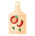 Wooden board for cutting vegetables with peppers and tomato icon, flat style. Isolated on white background. Vector illustration