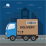 Delivery truck with cardboard box on city background. Product goods shipping transport. Fast delivery service illustration. Also available as a Vector in Adobe illustrator EPS 10 format.