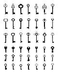 Set of black silhouettes of door keys on a white background