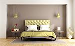 Brown and green master bedroom with double bed and nightstand - 3d rendering