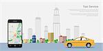 picture of a taxi cab, mobile phone with map and big city on background, taxi service concept, flat style illustration