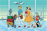 Family travelers at the airport. Pop art retro vector illustration. Air transport