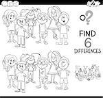 Black and White Cartoon Illustration of Spot the Differences Educational Game with Elementary Age Children Characters Group Coloring Page
