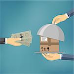 Human hand holds money and pay for the package. Delivery service concept. Payment by cash for express delivery. Also available as a Vector in Adobe illustrator EPS 10 format.