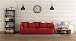 Vintage living room with red sofa and retro furniture - 3d rendering