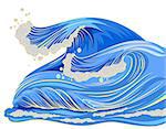 Blue high wave with white foam cap. Isolated vector cartoon illustration