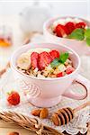 Healthy Breakfast with oatmeal and fresh strawberry.