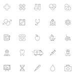 Set of 25 medicine and healthcare symbols. Thin line icons on white background