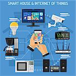 Smart House and internet of things concept with flat icons. Man holding smartphone in hand and controls smart home devices like security camera, TV, lightbulb. isolated vector illustration