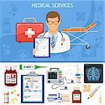 Medical Services Concept with flat icons doctor, prescription, stethoscope, medical record, x-ray, blood container. isolated vector illustration