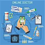 Online doctor concept. Man holding smart phone in hand and calls doctor. Flat style icons prescription, stethoscope, pills, thermometer. isolated vector illustration