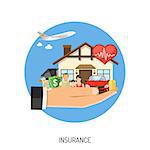 Insurance Services Concept. Man holding in hand flat icons House, Car, Medical, Travel and Family insurance. Isolated vector illustration