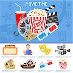 Cinema and Movie time concept with flat icons masks, 3D glasses, clapperboard and viewer with popcorn and soda in hands, isolated vector illustration