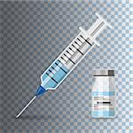 icon plastic medical syringe with needle and vial in flat style, concept of vaccination, injection, vector illustration on transparent background