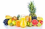 Assortment of exotic and juice fruits on white background.