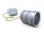 Communication concept: tin can children telephone with rope. 3D render illustration isolated on white background