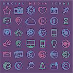 Flat linear icons of social media, social networking, mobile app, sharing, communication, and social commerce.