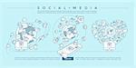 Flat linear illustration of social media, social networking, mobile app, sharing, communication, and social commerce.