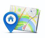 Vector illustration of global navigation concept with city map and glossy location pointer with house icon