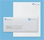 Vector illustration of closed white envelope for letters and documents with transparent window and corporate letterhead blank paper isolated on blue background. Mockup post envelope and letter paper template