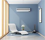 Little blue room with chaise lounge, air conditioner and large window - 3d rendering