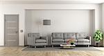 White and gray living room with sofa,armchair and closed door - 3d rendering