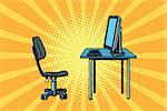 computer workstation and chair. Pop art retro vector illustration