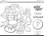 Black and White Cartoon Illustration of Educational Counting Activity Game for Children with Cakes Coloring Page