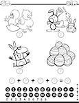 Black and White Cartoon Illustration of Educational Mathematical Activity Game for Children with Easter Holiday Characters Coloring Page