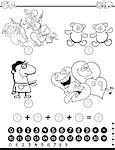 Black and White Cartoon Illustration of Educational Mathematical Activity Game for Children with Valentines Day Characters Coloring Page