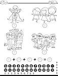 Black and White Cartoon Illustration of Educational Mathematical Activity Game for Children with Kid Characters Coloring Page