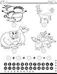 Black and White Cartoon Illustration of Educational Counting Mathematical Activity for Children with Wild Animal Characters Coloring Page