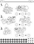 Black and White Cartoon Illustration of Educational Counting and Addition Mathematical Activity for Children with Animal Characters Coloring Page