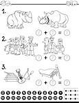 Black and White Cartoon Illustration of Educational Counting and Addition Mathematical Activity for Children Coloring Page