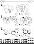 Black and White Cartoon Illustration of Educational Counting and Addition Mathematical Game for Children Coloring Page