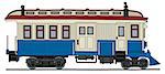 Hand drawing of a retro blue and white small motor passenger train