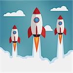 Startup illustration. Three rockets in the clouds. Also available as a Vector in Adobe illustrator EPS 10 format.