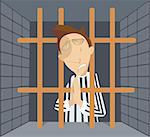 Crying prisoner behind the bars praying for forgiveness