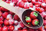Against a background of strawberries with sugar a wooden spoon for jam on which lies a few strawberries with green leaves.
